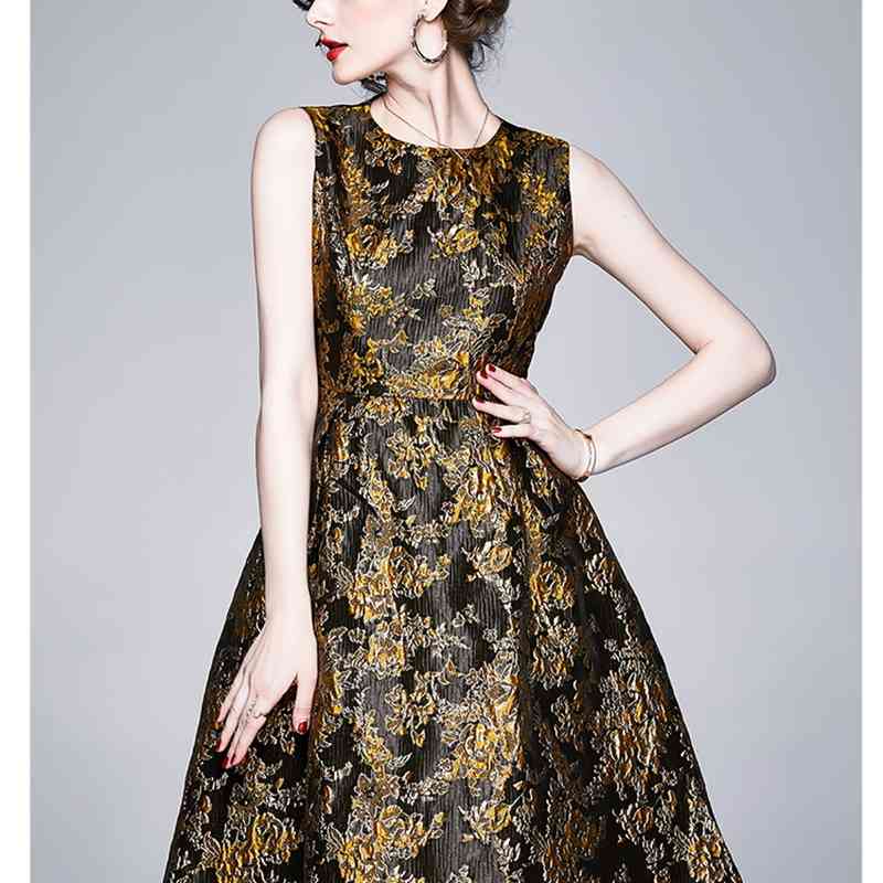 Fashion Vintage Elegant Jacquard Sleeveless Tank Dress High Waist Women Embroidered Golden Flowers Summer 210520