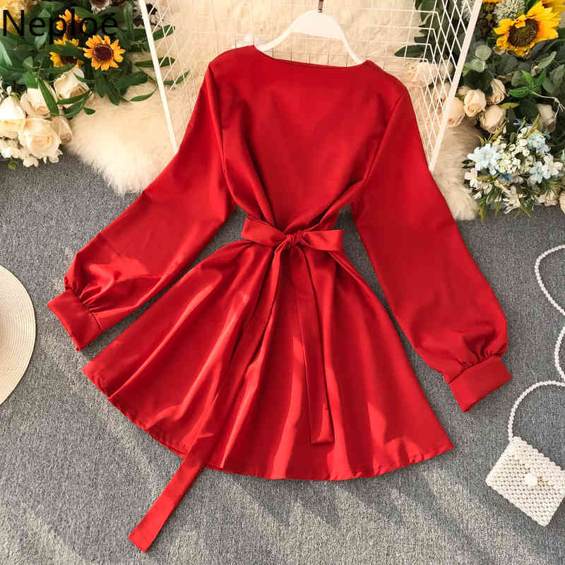 Retro Slim Waist Lace Up Vestido V Neck Puff Long Sleeve Party Dress Temperament Solid High Hip A Line Ropa 47949 210422Z