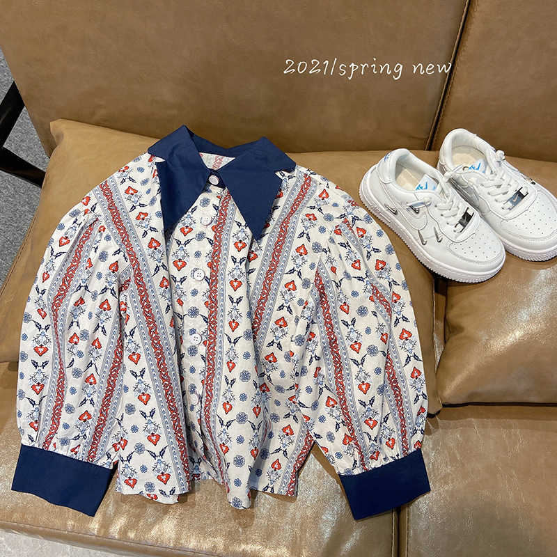 Girls' long-sleeved shirt spring children's clothing little girl retro floral kids clothes 210702