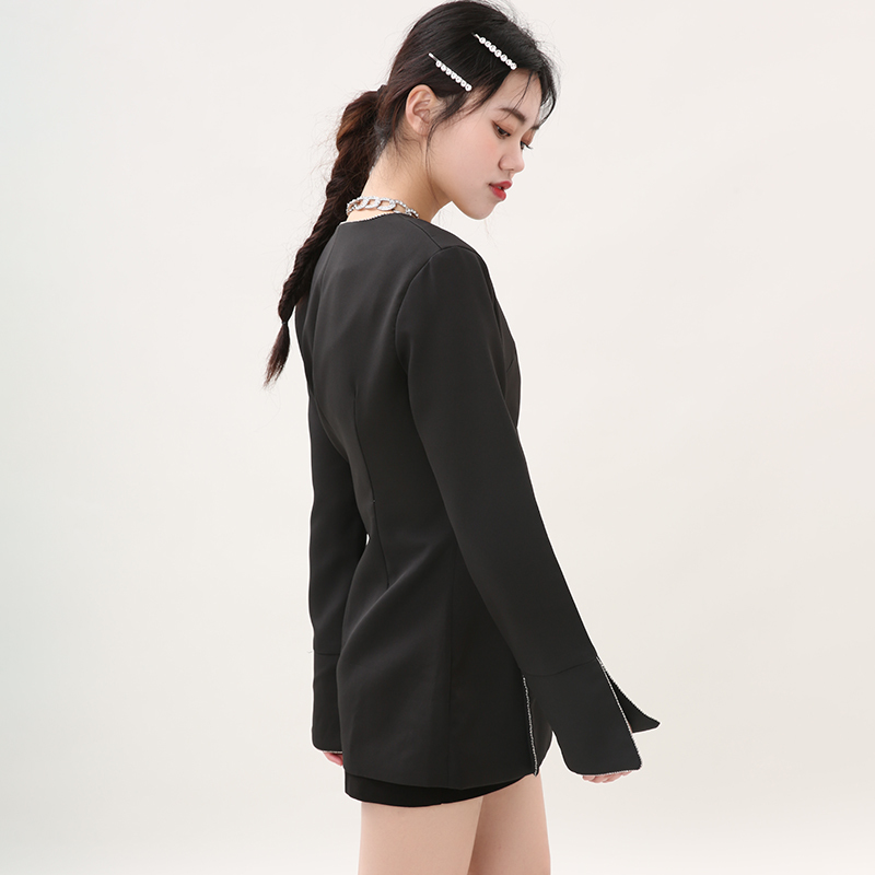 [EAM] Women Black Vent Temperament Blazer V-collar Long Sleeve Loose Fit Jacket Fashion Spring Autumn WD618 210512