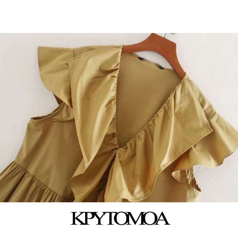 Women Chic Fashion Ruffled Pleated Mini Dress V Neck Sleeveless Female Dresses Vestidos Mujer 210420