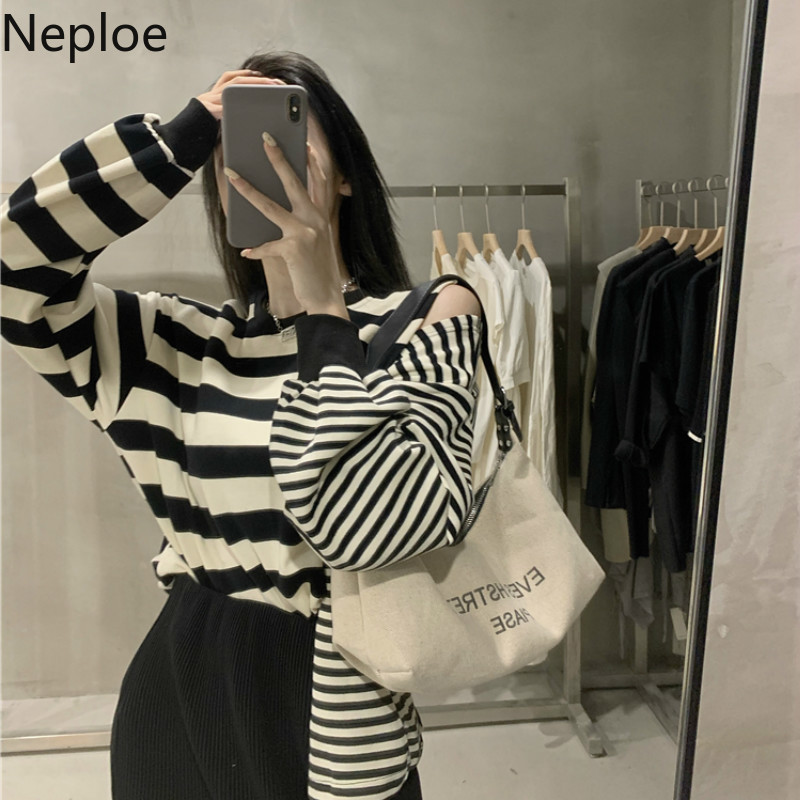 Neploe Woman Sweater Autumn Winter Clothes Sexy Off Shoulder Striped Knitted Pullovers Loose Casual Jumper Korean Sueter Coat 210422