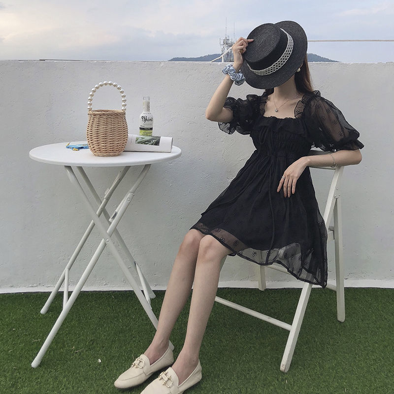 Puff Sleeve Casual Black Dress Women Square Collar Elegant Dress Evening Party Gothic Dress for Females Korean Style Summer 210521