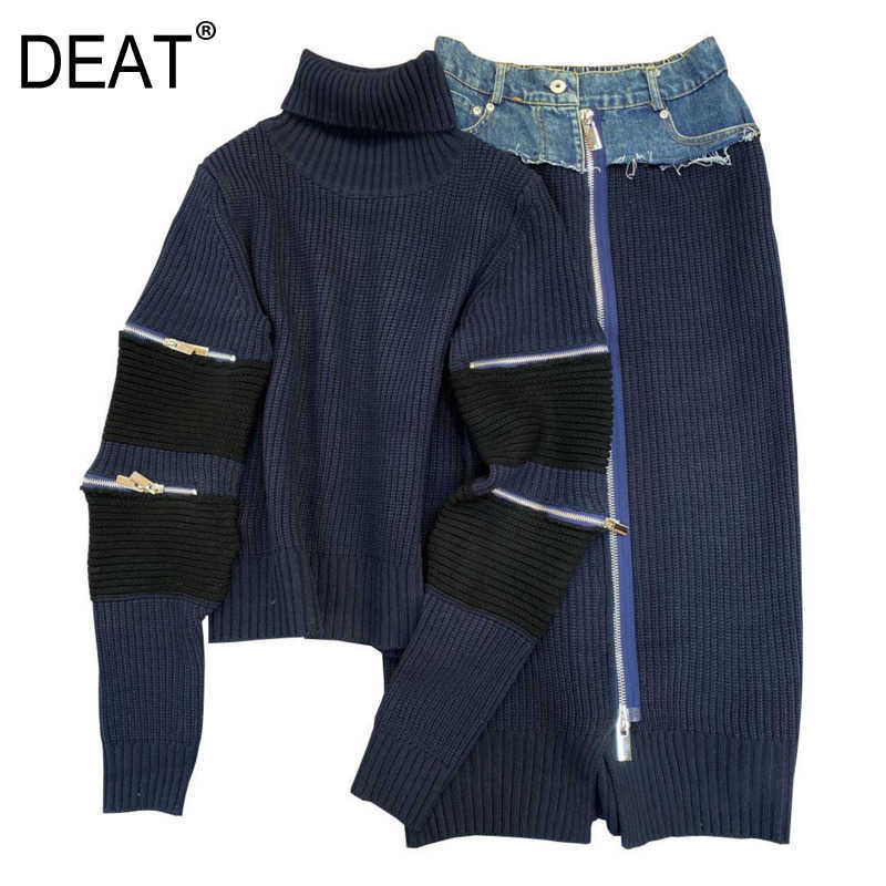DEAT Autumn Winter Women Fashion High Collar Zipper Decoration Sweater Patchwork Denim Skirt Two Piece Set RC725 210527, Dark blue
DEAT Autumn Winter Women Fashion High Collar Zipper Decoration Sweater Patchwork Denim Skirt Two Piece Set RC725 210527, Dark blue
