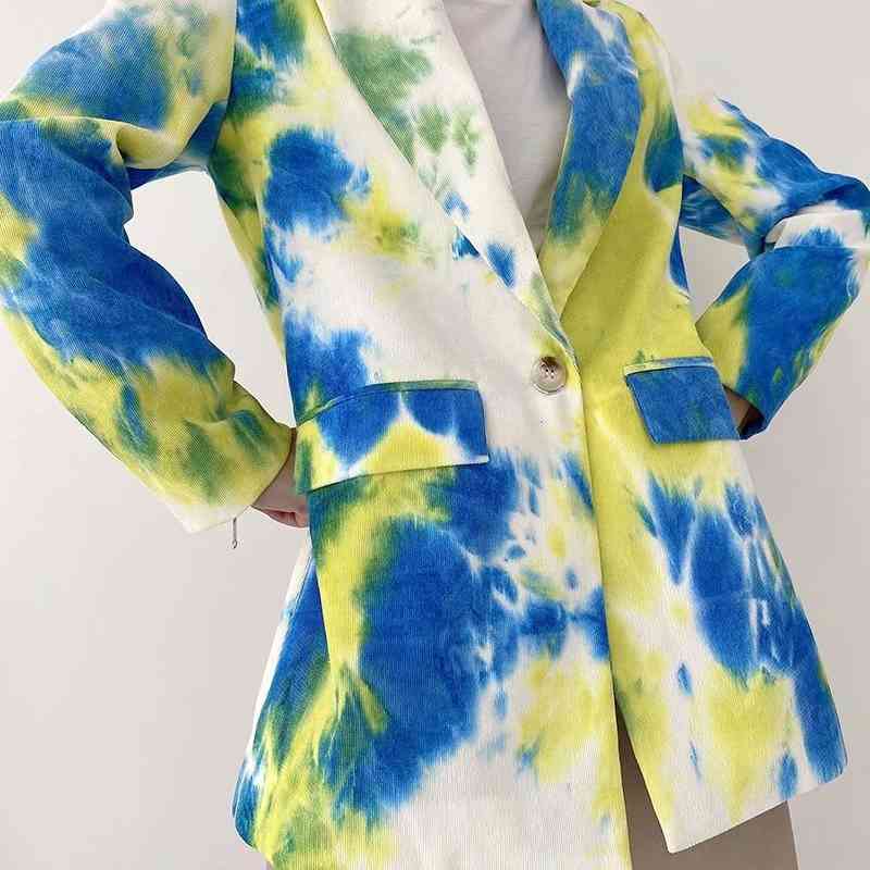 elegant women blazer office ladies blue and yellow print jackets causal female pocket slim suits girls chic sets 210430