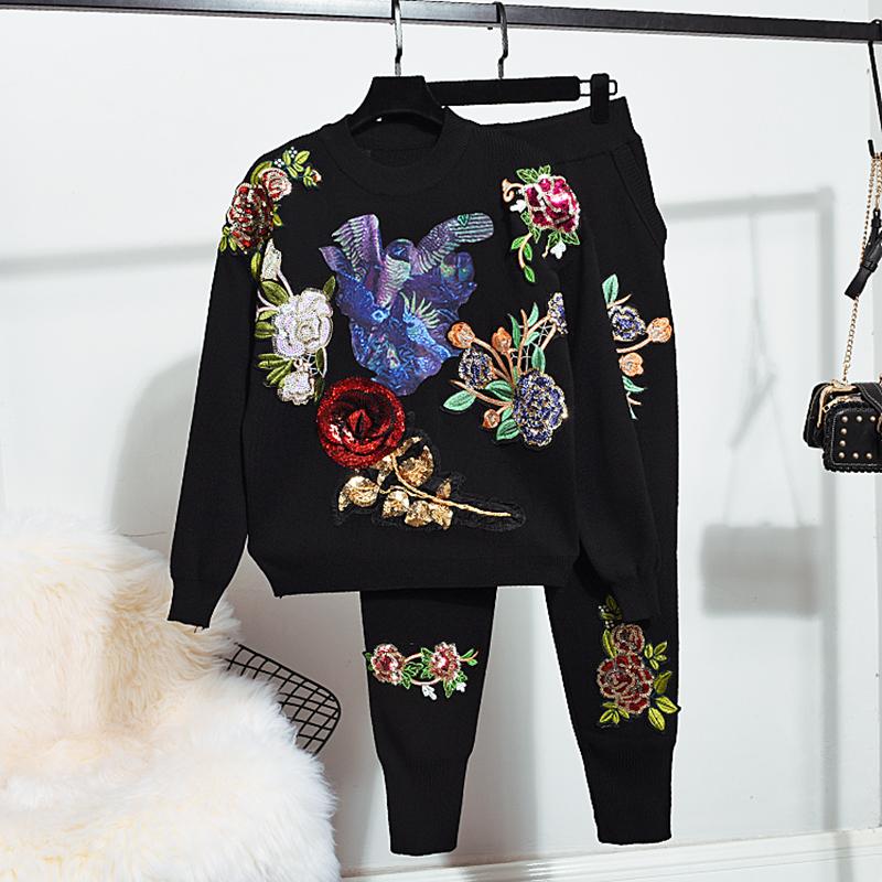 Women' Two Piece Pants Winter Knitted Set Women Long Sleeve Sequin Embroidery Flowers Sweater + Fashion Little Feet Ladies H1593, Black
Women' Two Piece Pants Winter Knitted Set Women Long Sleeve Sequin Embroidery Flowers Sweater + Fashion Little Feet Ladies H1593, Black