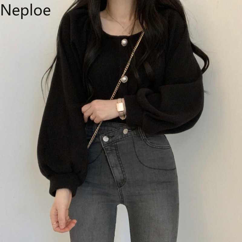 Neploe Square Collar Vintage Sweater Women Lantern Sleeve Pearl Button Knitted Pullovers Tops Korean Loose Fashion Pull Femme 210422