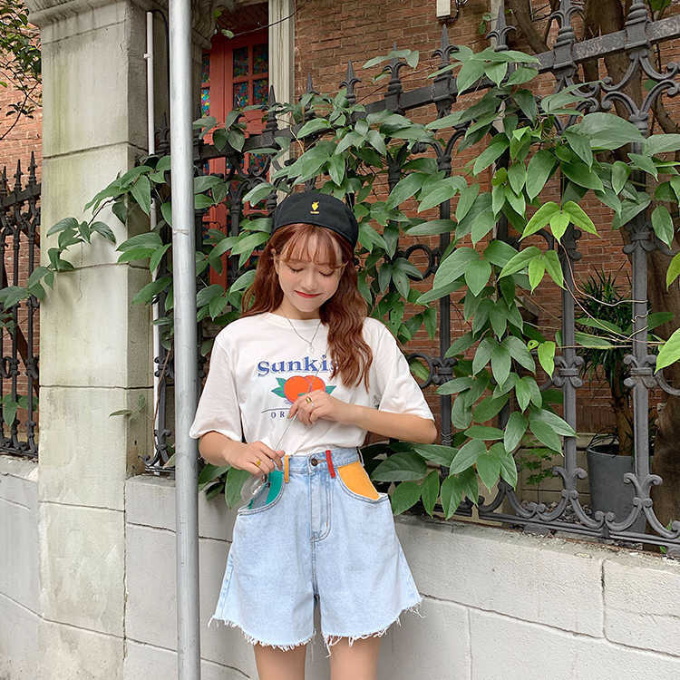 SML preppy style high Waist Denim Shorts jeans for Women Summer Ladies color patchwork pocket womens (F6379) 210724