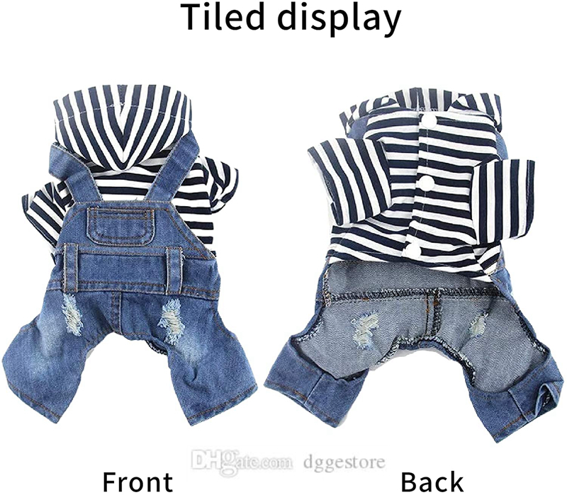 Dog Apparel Denim Striped or Grid Pet Dogs Jumpsuits Puppy Cat Hoodie Jean Coat Four Feet Clothes for Small Doggy Teddy Yorkies Sweatshirt Jeans Blue 