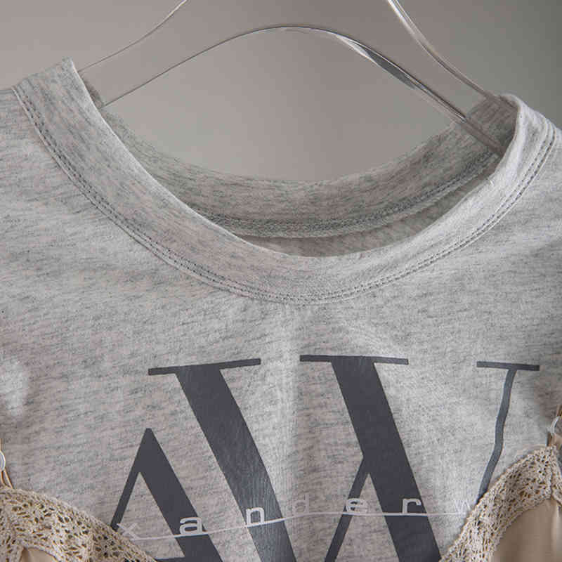 VGH Elegant Patchwork T Shirt Women O Neck Short Sleeve Asymmetrical Hit Color Print Lace Up Irregular Hem T-shirts Female 210406