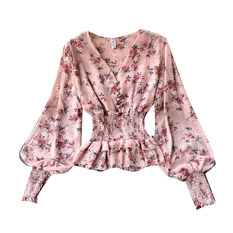 Summer Chiffon Tops Fashion Floral Print Blouse Women Lantern Sleeve Shirt Ruffle Waist Slim Blusa Camisas Mujer 210519