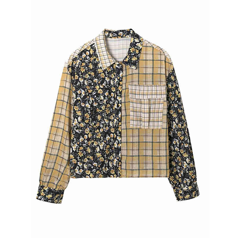 Women Summer Shirt Casual Long Sleeve Female Turn-down Collar Tops Plaid And Floral Blouses Button Black Shirts Camisas Mujer 210422