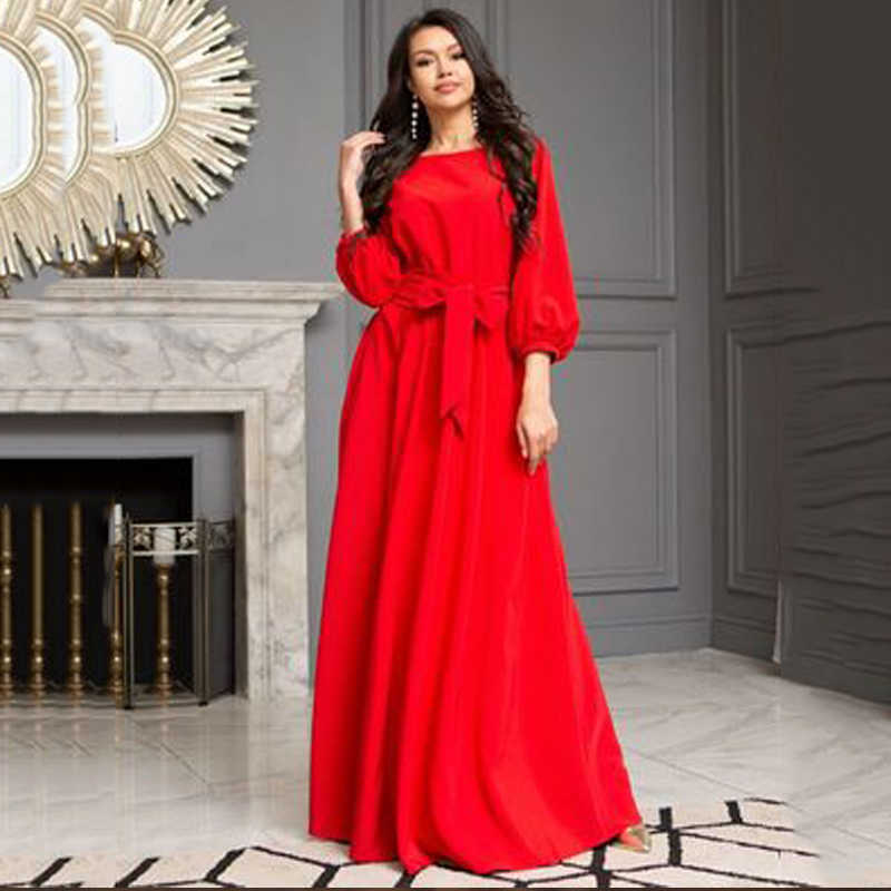 Vintage Bow Tie Long Pink Dres Lantern Sleeve Elegant Frenulum Autumn Solid O Neck Boho Floor Length 210623