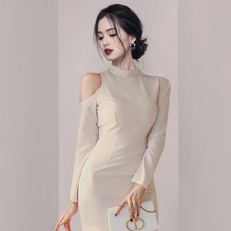 Lucyever Fashion Stand Collar Party Dress Womens Sexy Off Shoulder Slim Dresses Woman 2021 Elegant Slit Apricot Femme Casual