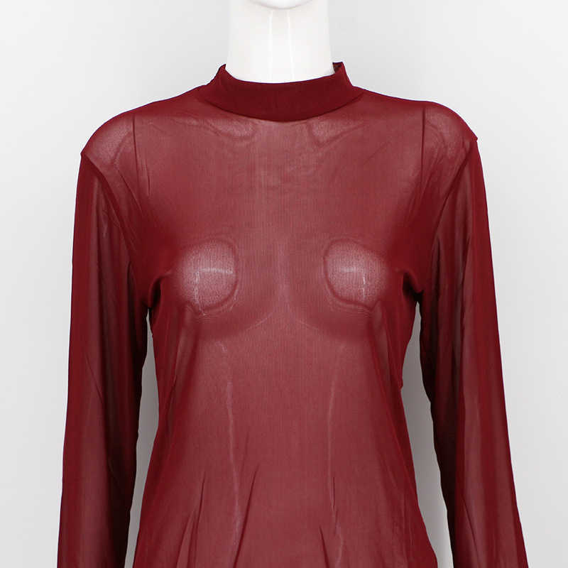 3XL Elastic Tight-fitting See-through Ultra-thin Sexy Mesh Bottoming Shirt Transparent Long-sleeved T-shirt Women Tops QAX5 210603
