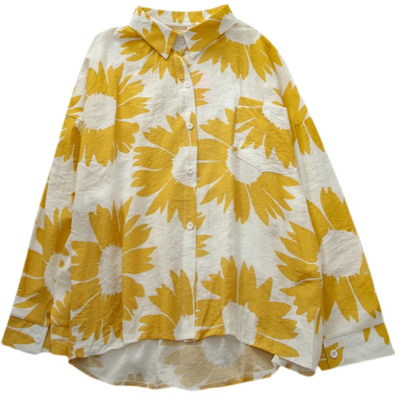 Kimutomo Fashion Yellow Floral Print Blouse and Shirt Women Spring Fresh Style Turn-down Collar Long Sleeve Top Casual 210521
