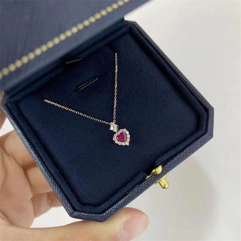 Ins Top Sell Sparkling Brand Jewelry Sterling Sier&Gold Fill Heart Pendant Ruby CZ Dia Gemstones Party Women Wedding Clavicle Necklace Gift