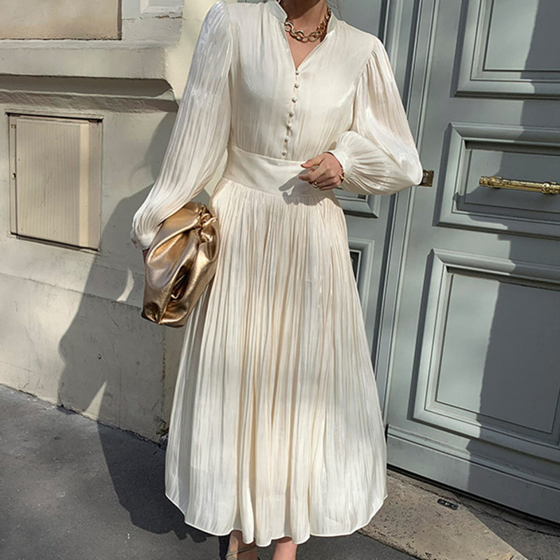 [EWQ] Spring Female New Stand Collar Single Breasted Solid Color Long Lantern Sleeve Minimalist Pleated A-Line Dress 8D1008 210409