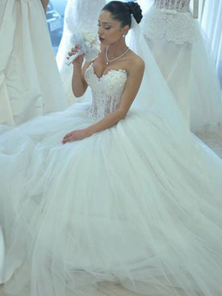 Arabic Sweetheart Corset See Through Princess Bridal Gowns Beaded Lace Pearls Custom Made Ball Gown Wedding Dresses Vestido De Noiva