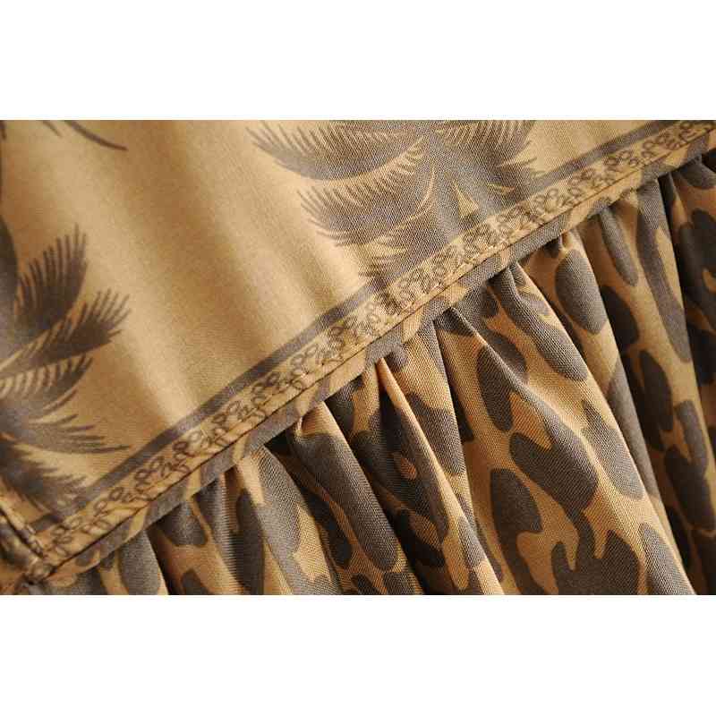 Spring Bohemia Bandage Lacing up Collar Yellow Leopard Floral Print Dress BOHO Woman Long Sleeve Holiday Dresses Beach 210429