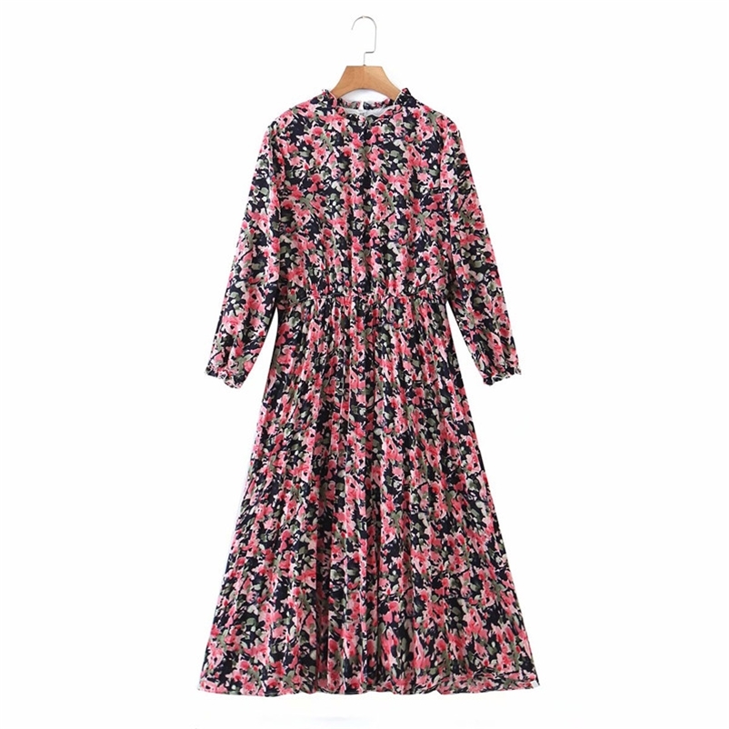 Sweet Women Water print chiffon dress Spring Fashion Ladies High Waist Country Style Female Floral crumpled Dress 210515