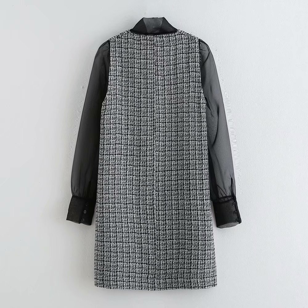 Vintage Women Bow Tie Collar Patchwork Mini Dress Elegant Ladies See Through Sleeve Loose Female Tank 210508