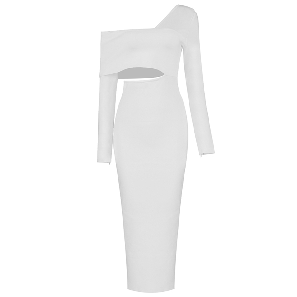 Winter Women One Shoulder Long Sleeve Bandage Dress Sexy Hollow Out White Celebrity Runway Party Bodycon Dresses 210423