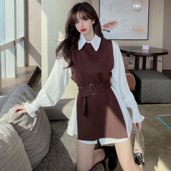 Nomikuma Women Elegant Two Pieces Sets Medium-long Blouse Shirt + Belst Slim Knitted Vest Korean Spring New Outfits 6E090 210427