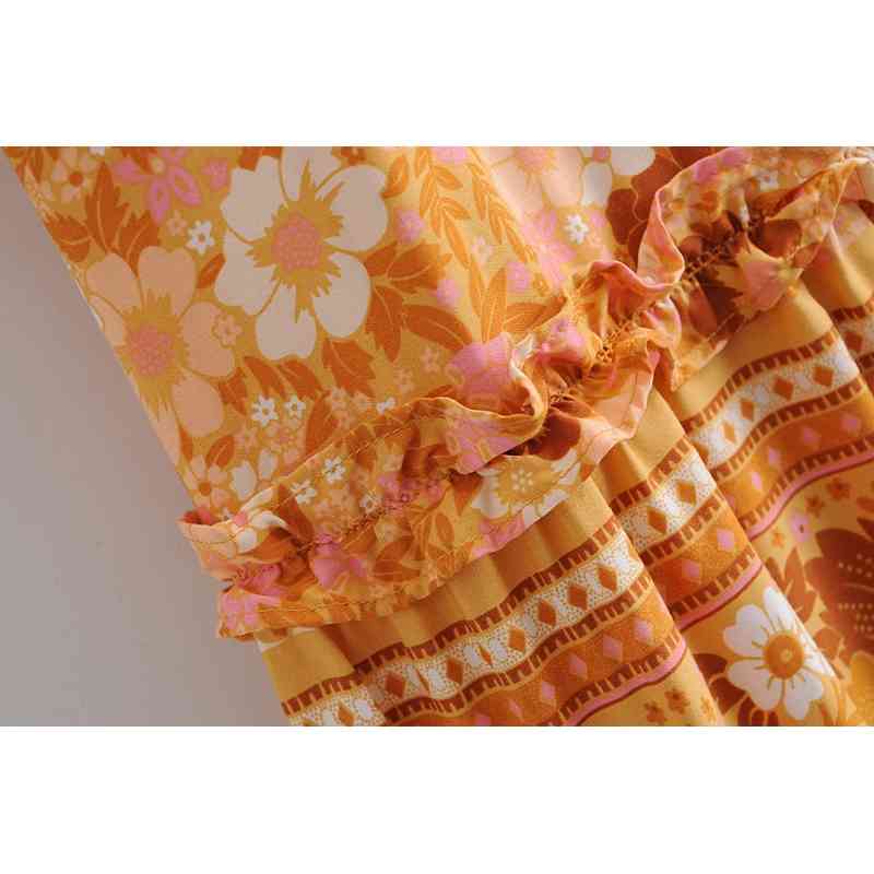 Bohemia Floral Print Long Skirt Turquoise Spliced Ruched Ruffle Hem Hippie Women Adjust Stream Waist Swing Skirts Holiday Beach 210429