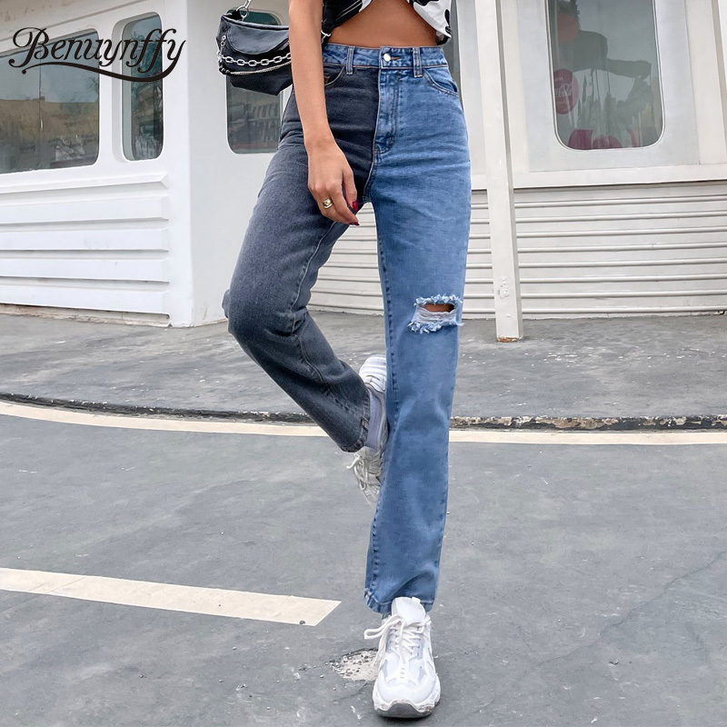 Fashion High Waist Ripped Two Tone Mom Jeans Women Korean Casual Streetwear Straight Leg Denim Pants 210510