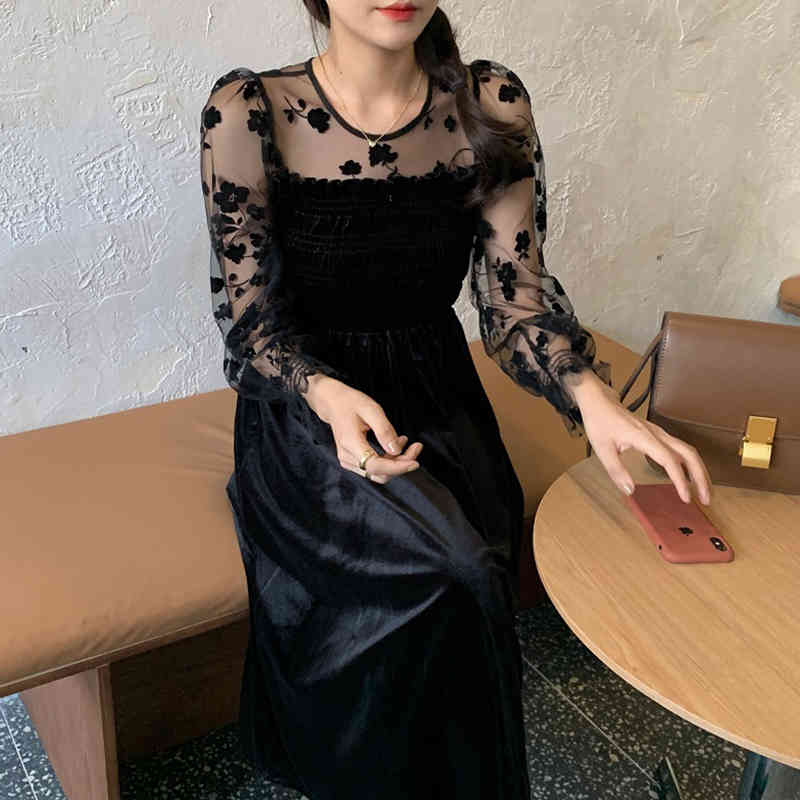 Elegant Black Velvet Dress Women Fashion Korean Chic Floral Mesh Sleeve Autumn Retro Vestidos Sexy Dresses 210519
