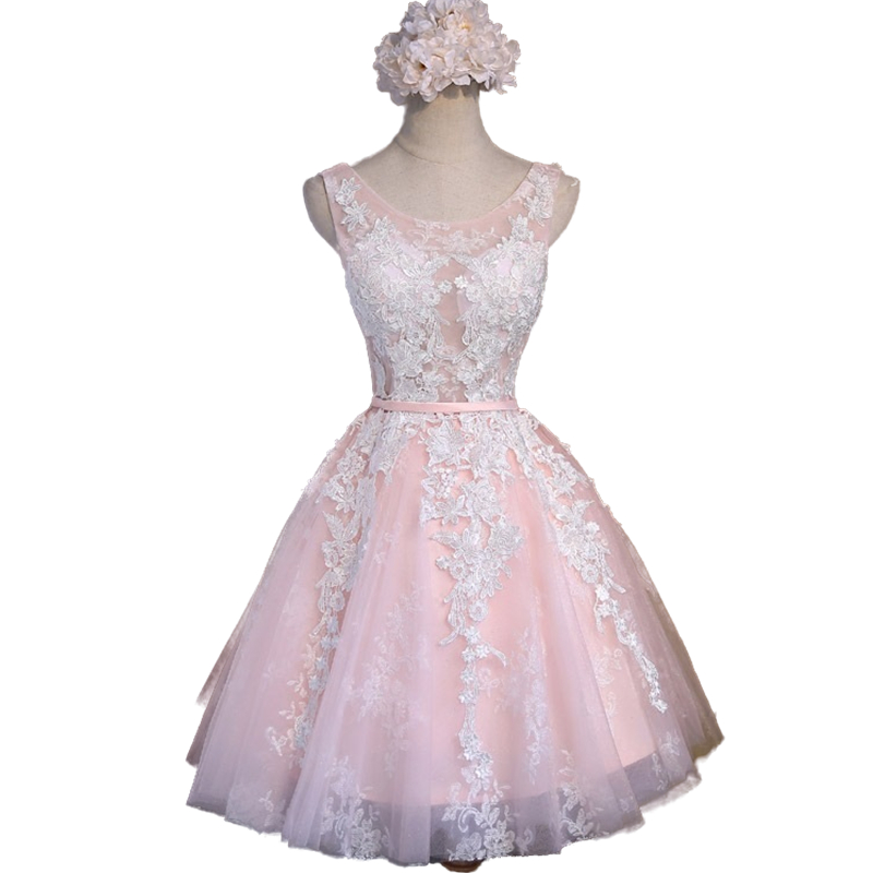 Sexy Open Back Pink And White Lace Homecoming Dresses Knee Length Short Light Pink Tulle Prom Dress Sleeveless A Line Cocktail Party Wear 2022