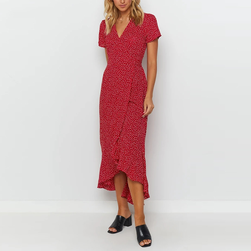 Women Bohemian Summer Long Dresses Floral Print Ruffles Split Maxi Dress Short Sleeve Casual Sundress Beach Dress 210414