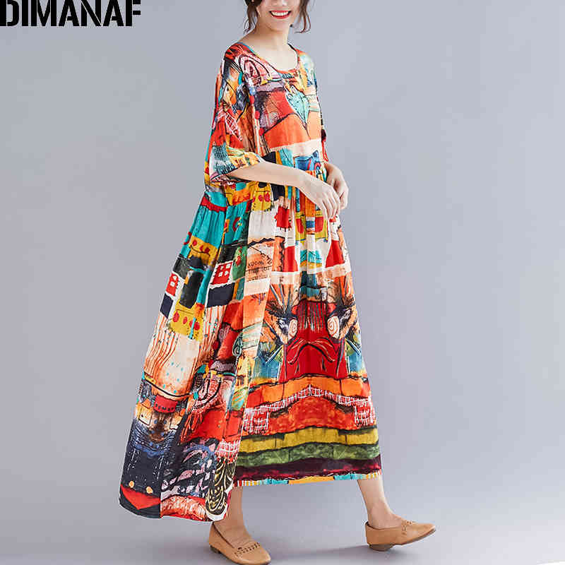 DIMANAF Plus Size Women Print Dress Summer Sundress Cotton Female Lady Vestidos Loose Casual Holiday Maxi Dress Big Size 5XL 6XL 210409