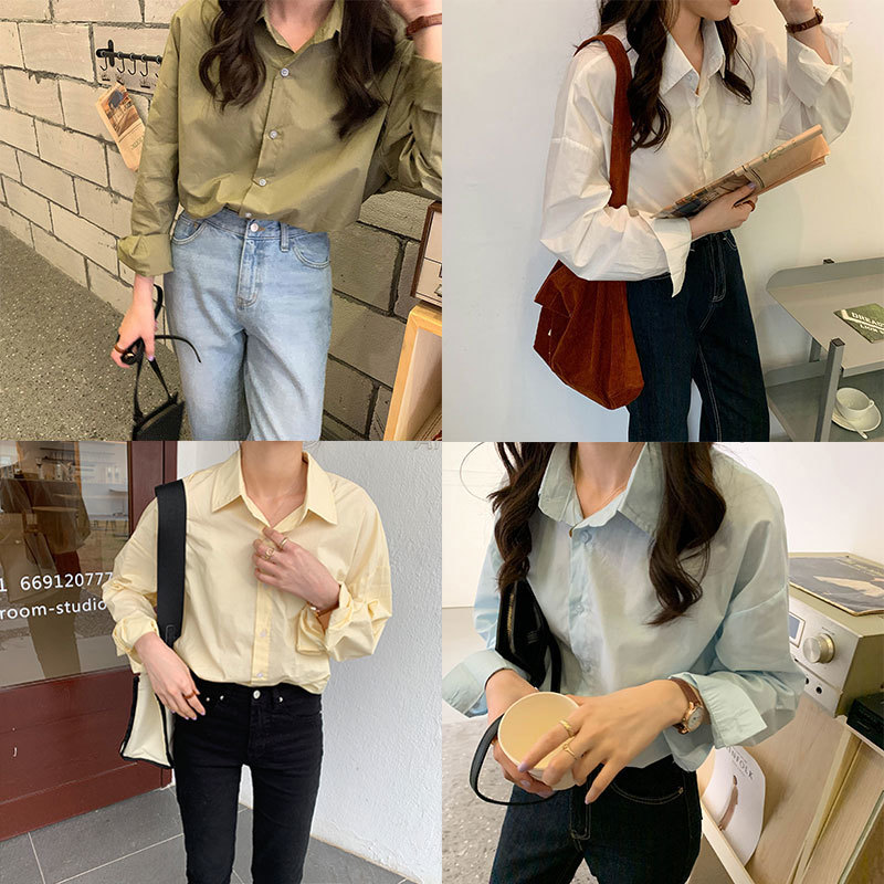 4 colors femme womens tops autumn korean ins style soild color long sleeve shirt women blouses outwear coats (X1271) 210423