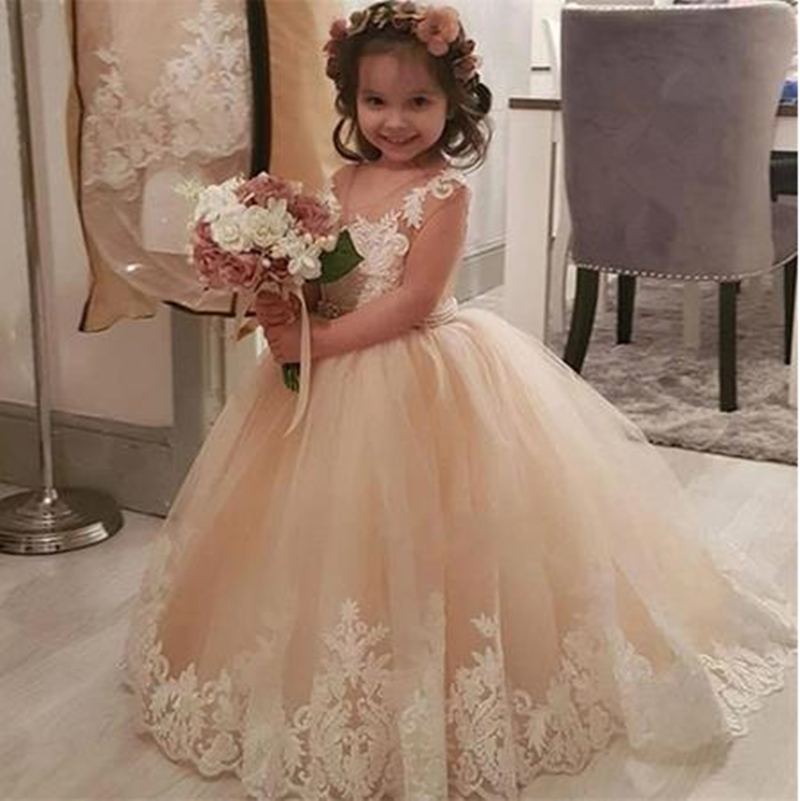 Child Puffy Champagne Tulle Lace Ball Gown Flower Girl Dresses Little Girls Princess Brithday Party Prom Dress Long Floor Length Kids Communion Gowns 
