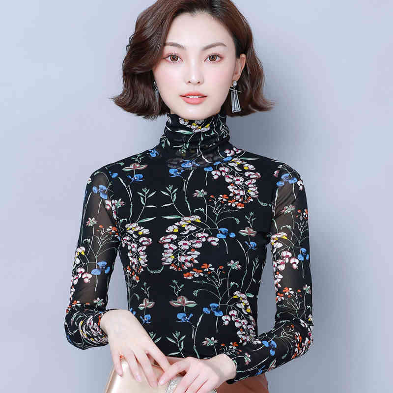 Autumn Fashion Women Thin Blouses Long Sleeve Turtleneck Tops Casual Printed Floral Clothing 6127 50 210506