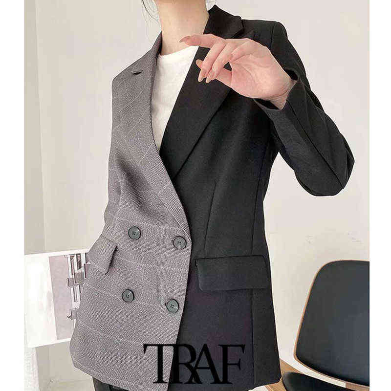 TRAF Women Fashion Double Breasted Patchwork Blazer Coat Vintage Long Sleeve Pockets Female Outerwear Chic Tops 211122