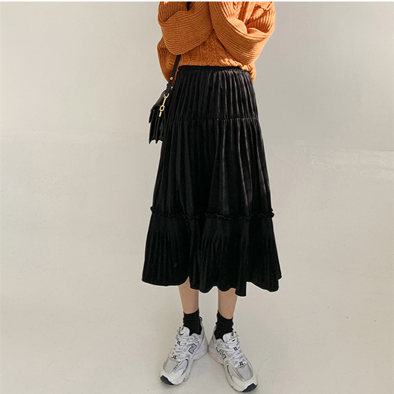 Spring High Waist Retro Solid Pleated Velvet Skirt Autumn Winter OL Elegant Fashion All-match Long Skirts Womens 210421