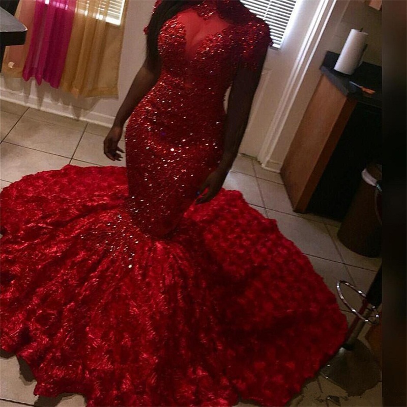 Delicate Beads Red Prom Dresses Mermaid High Neck Long Sleeves 3D Floral Sweep Train Evening Dress Plus Size Robe de mariée