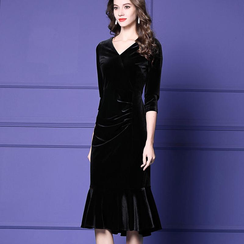 Elegant Gold Velvet Dress V-neck Solid Spring/Autumn Stretch Slim Knee-Length Evening Party Vestidos Large Size 4xL Dresses Casual