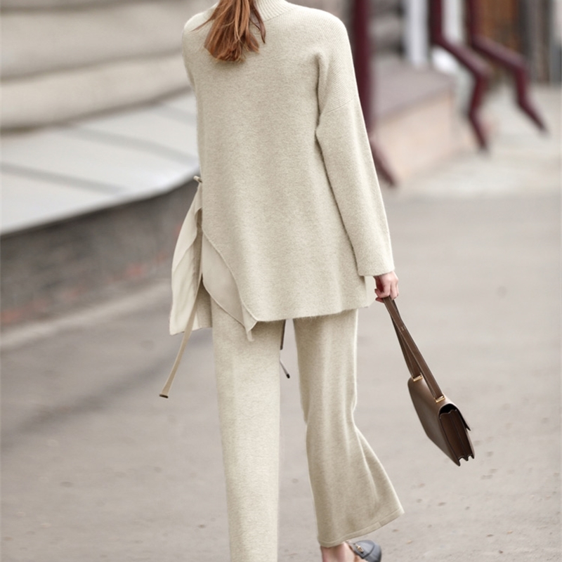 Winter Women Elegant Sweater For Female Casual Irregular Split Turtleneck Tops and Wide Leg Trousers 11870366 210527