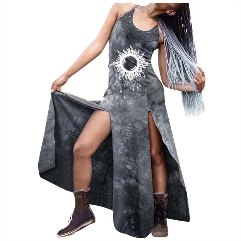 Dress Women Casual Summer Retro Dyeing Lace Print Split Dresses Sexy Long Slip Plus Size Gothic Sundresses