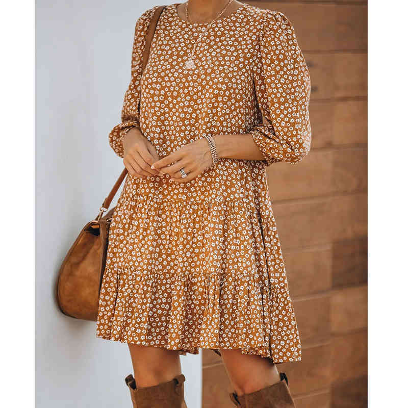 Foridol floral print boho casual winter dress women clothes autumn orange short loose dress vestidos for women 210415