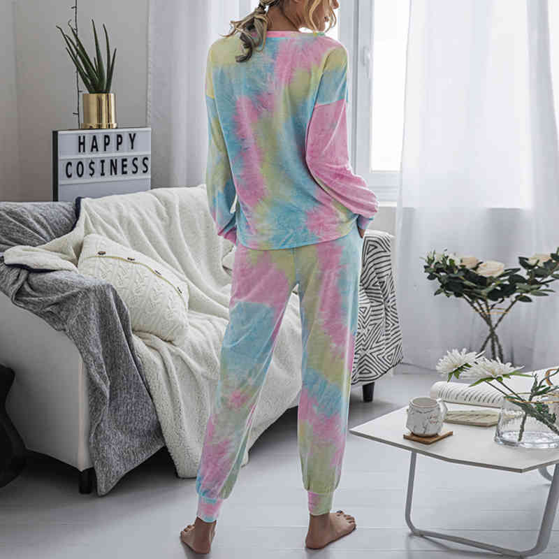 Tracksuit Casual suit Autumn Winter Women's Suit Tie dye Printed 0-Neck Sweatshirt + Long Pant 2 Piece Set 210515