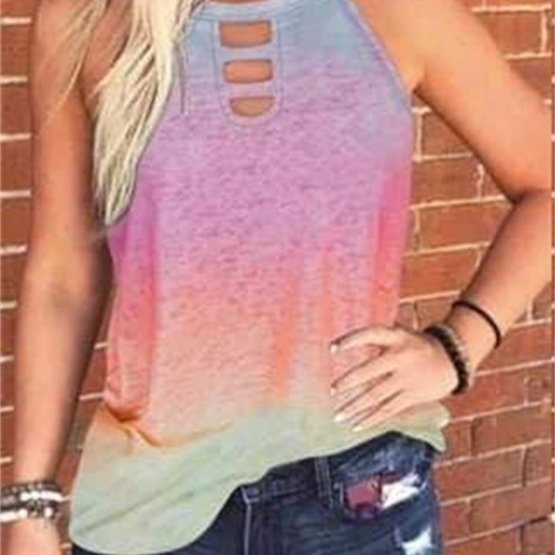 Leopard Sexy Hollow Out O-neck Sleeveless Tank Top Women Summer Casual Loose Pink Tie Dye Tops for Plus Size Vest 3XL 210604