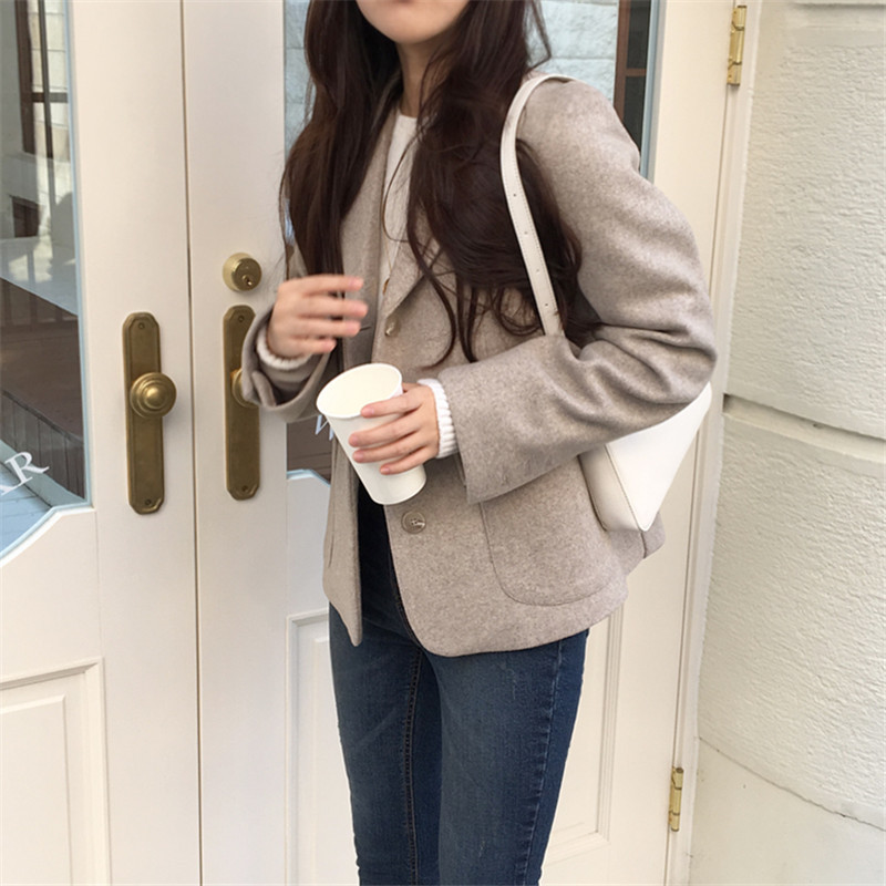 OL Single-breasted Woolen Blazer Coat Women Autumn Winter Elegant Tops Loose Notched Suit Jacket Solid Blazers 210421