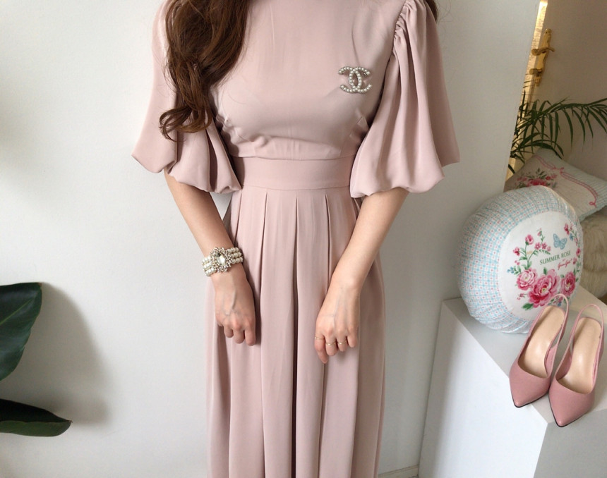 Korean Solid Casual Chic Elegant Women Dress Summer Vestido Round neck High waist Straps Lantern sleeves Pleated Long 210506