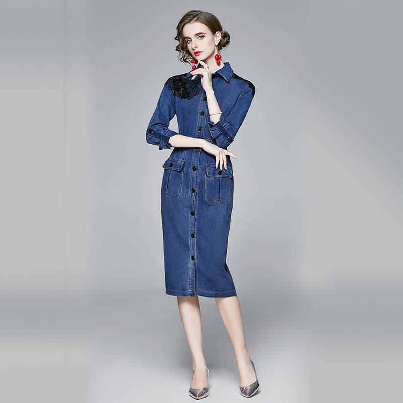 Women Autumn And Winter Vintage Denim Dresses High Quality Long Sleeve Elegant Runway Single-Breasted Blue Vestidos 210520