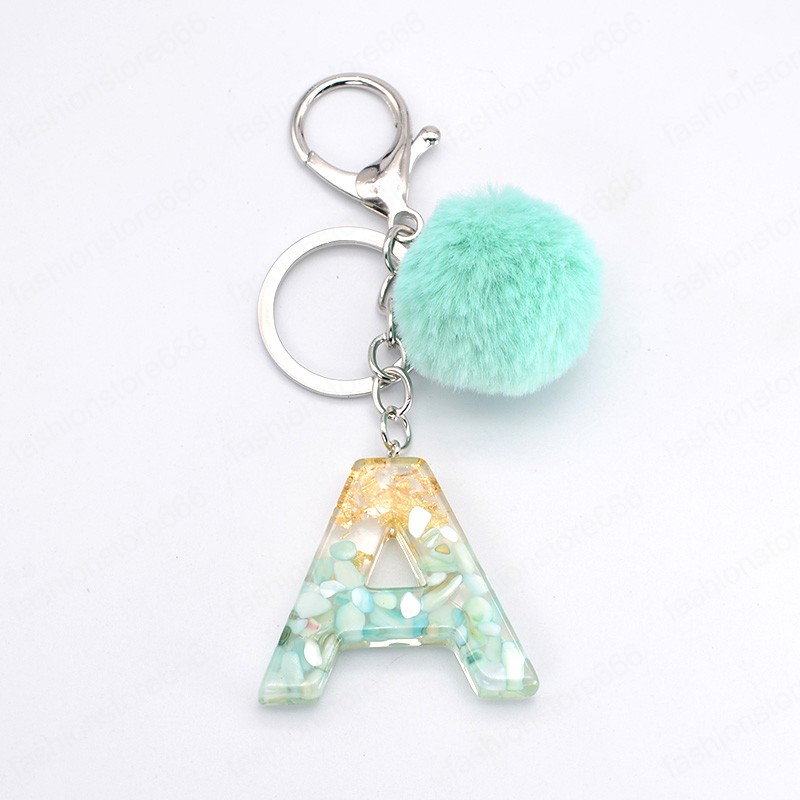 Blue Pompom Letter Keychain English Words Keyring with Fur Ball Glitter Gradient Color Resin Crafts Handbag Charms